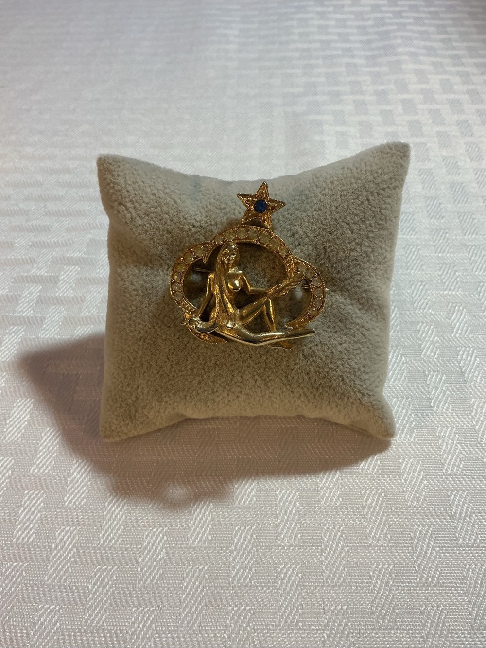 St. Labre Gold Tone Zodiac Brooch with Astrology Goddess Star